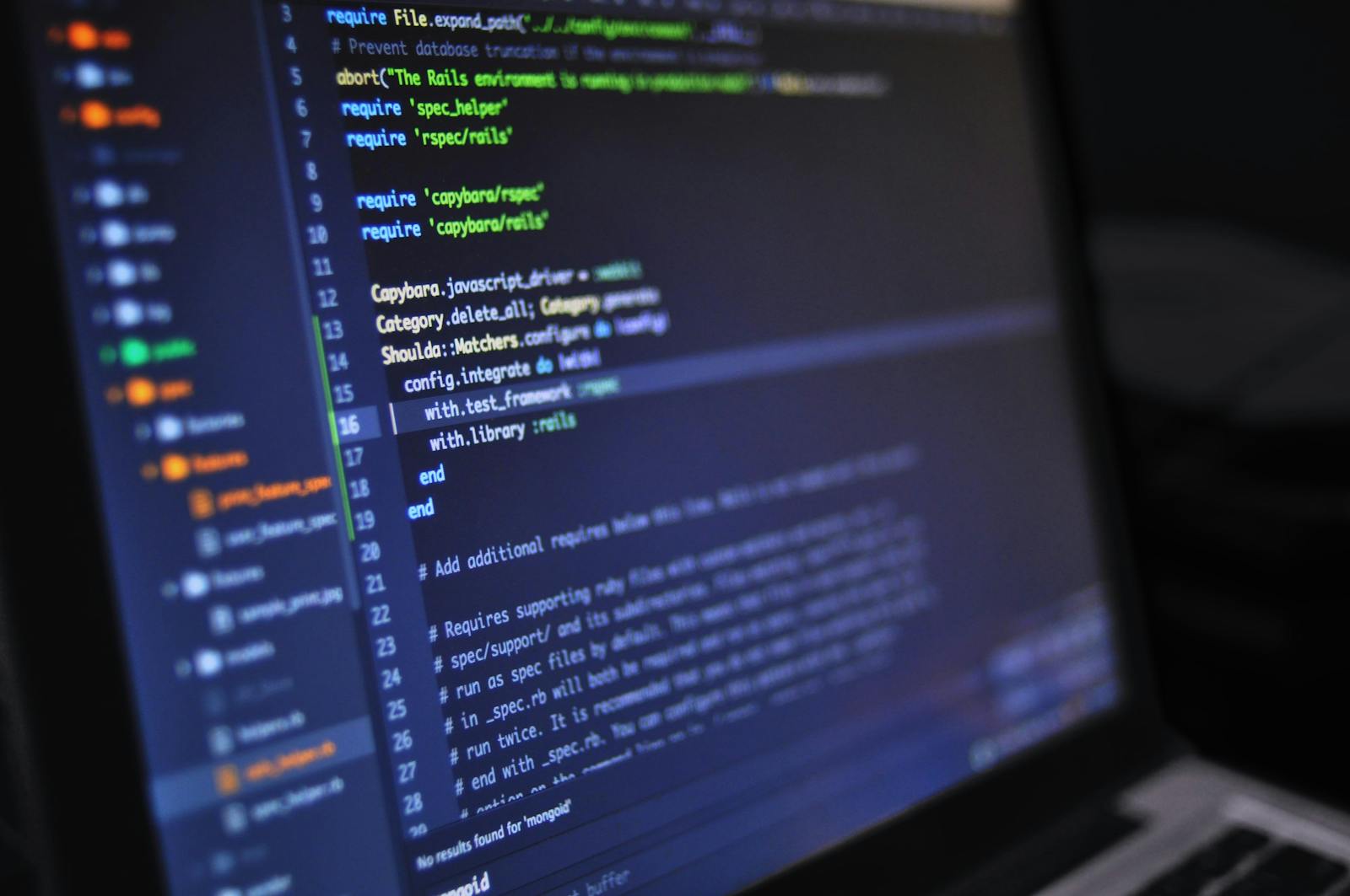 Close-up of a Ruby on Rails code editor with syntax highlighting — photo by Luis Gomes on Pexels