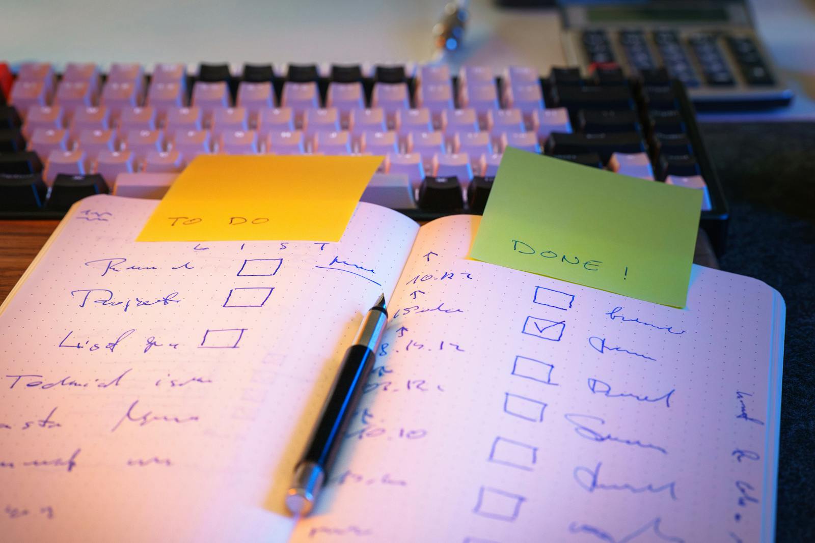 Handwritten TO DO and DONE lists in a notebook beside a mechanical keyboard — photo by Jakub Żerdzicki on Pexels