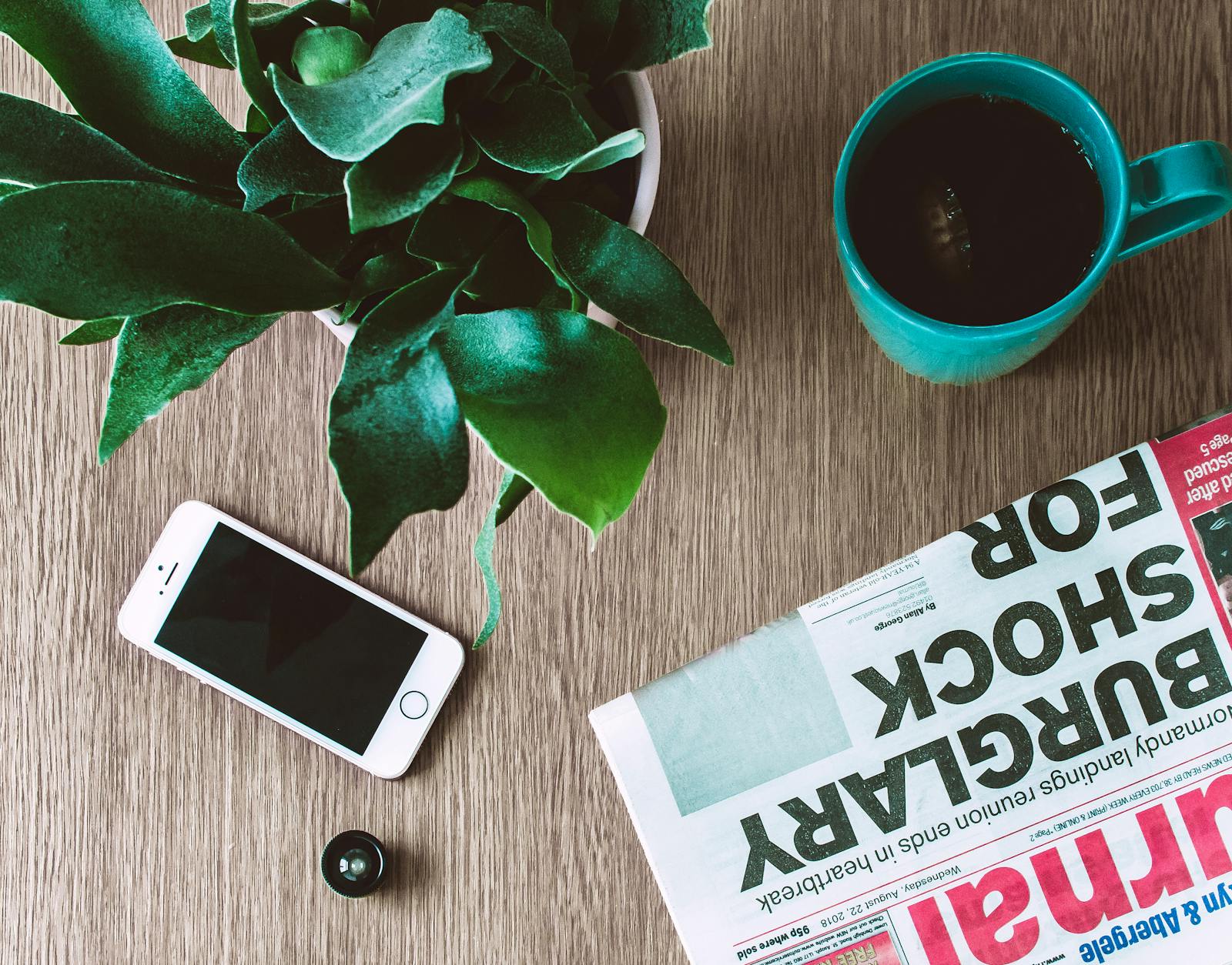 Newspaper, coffee mug, plant and smartphone on a wooden table — photo by Fotios Photos on Pexels