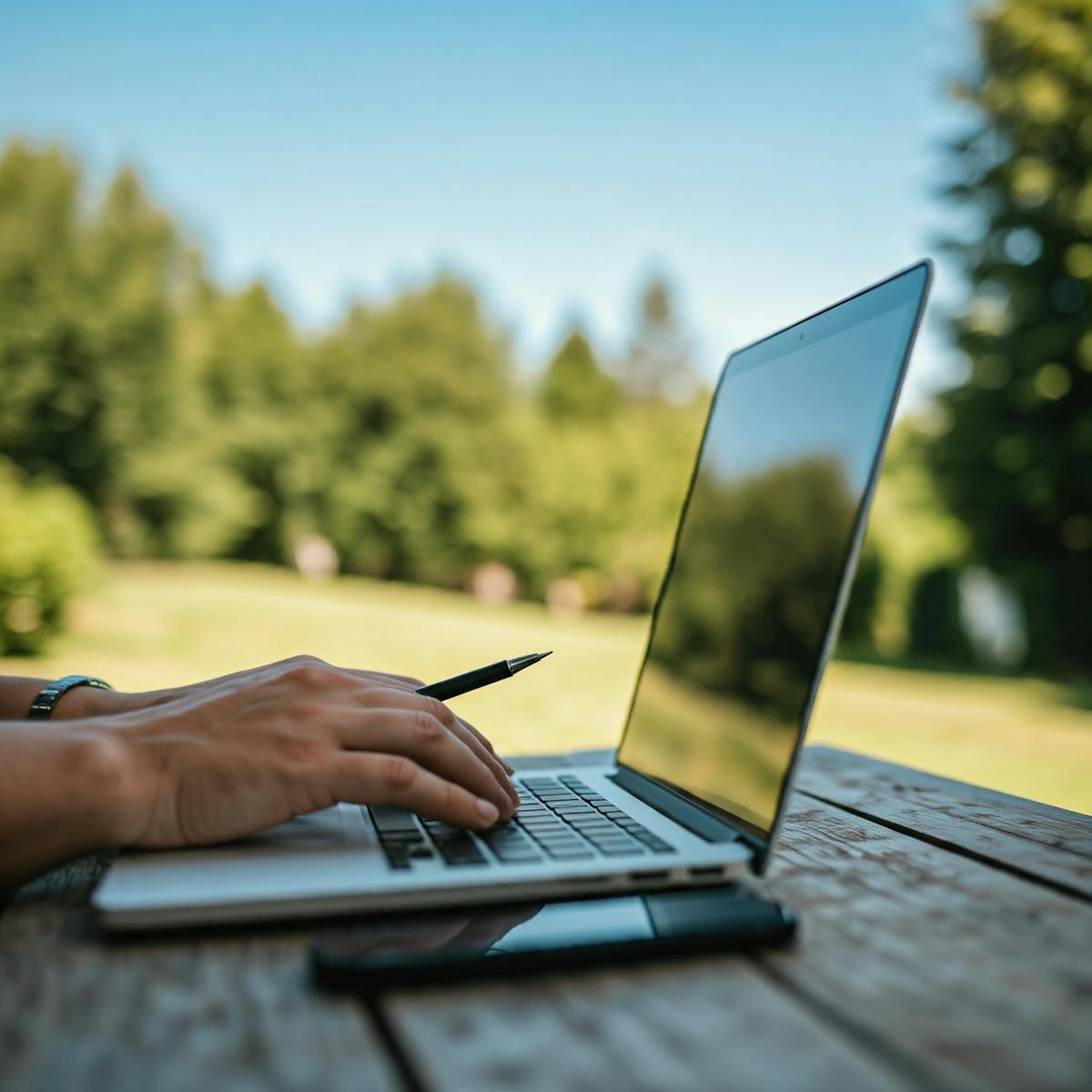 A hand resting on a laptop keyboard outdoors at a wooden table with trees in the background — visual for the 'close lid, move, reopen, reconnect' workflow that mosh and autossh are designed to make seamless (photo: Jose Hermes Furtunato / Pexels)