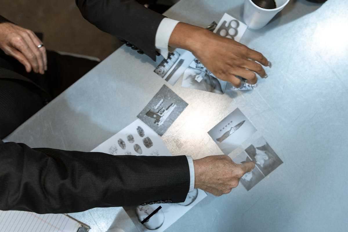 Top-down view of two detectives examining black-and-white photos and fingerprint cards on a desk — visual metaphor for piecing together a breach timeline from log evidence (photo: RDNE / Pexels)